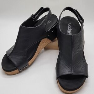 Boutique By Corky's Womens Sz 9 Black Leather Wedges Carley Open Toe Slingback